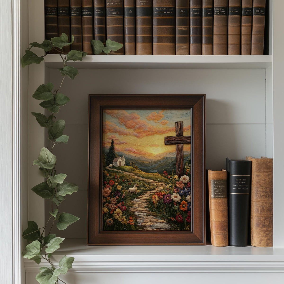 Embroidered Hill Cross faith art print shown in a room setting
