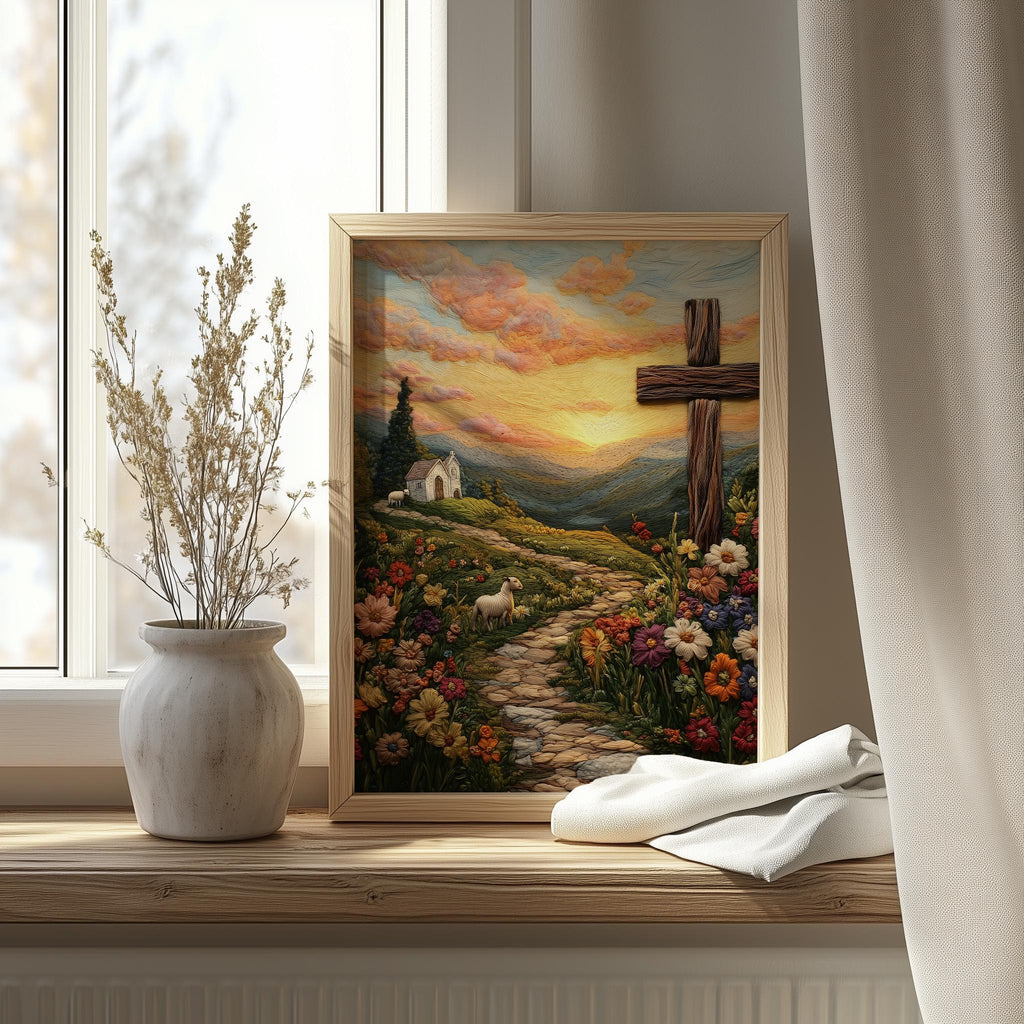 Embroidered Hill Cross faith art print shown in a room setting