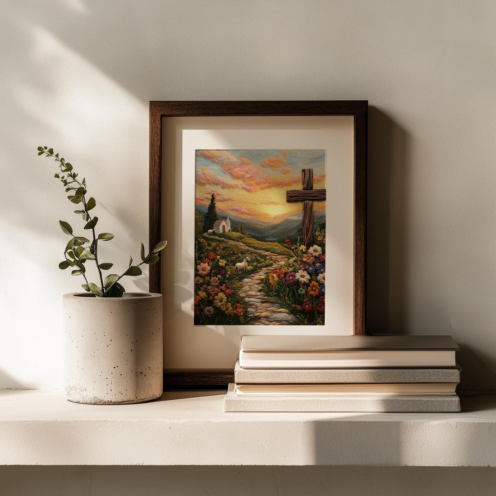 Embroidered Hill Cross faith art print shown in a room setting