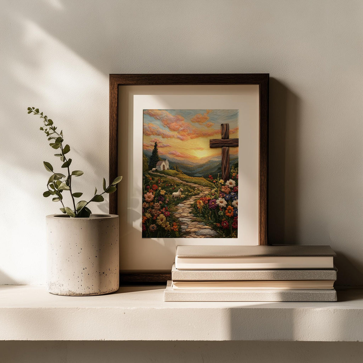 Embroidered Hill Cross faith art print shown in a room setting