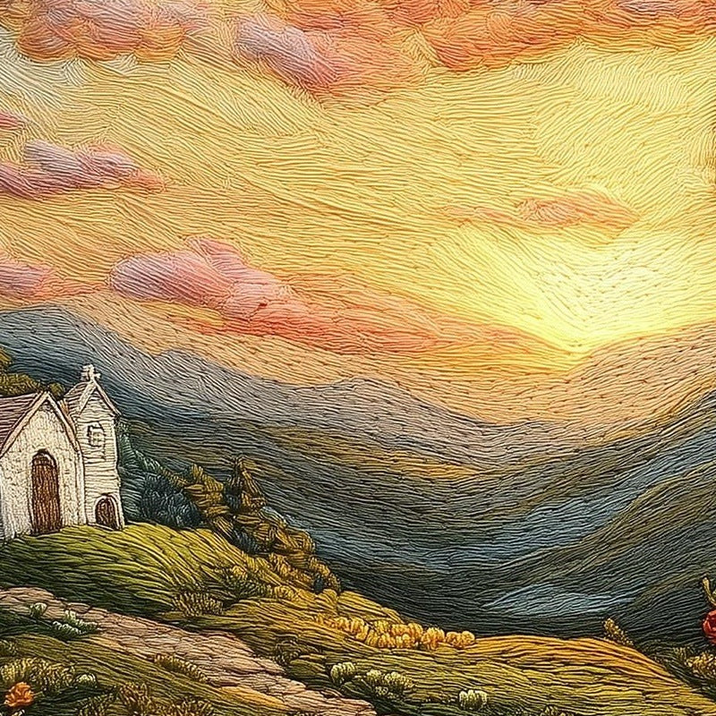 Embroidered Hill Cross faith art print close-up detail