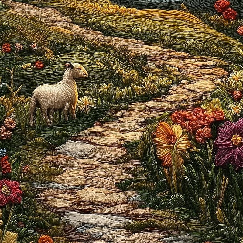 Embroidered Hill Cross faith art print close-up detail