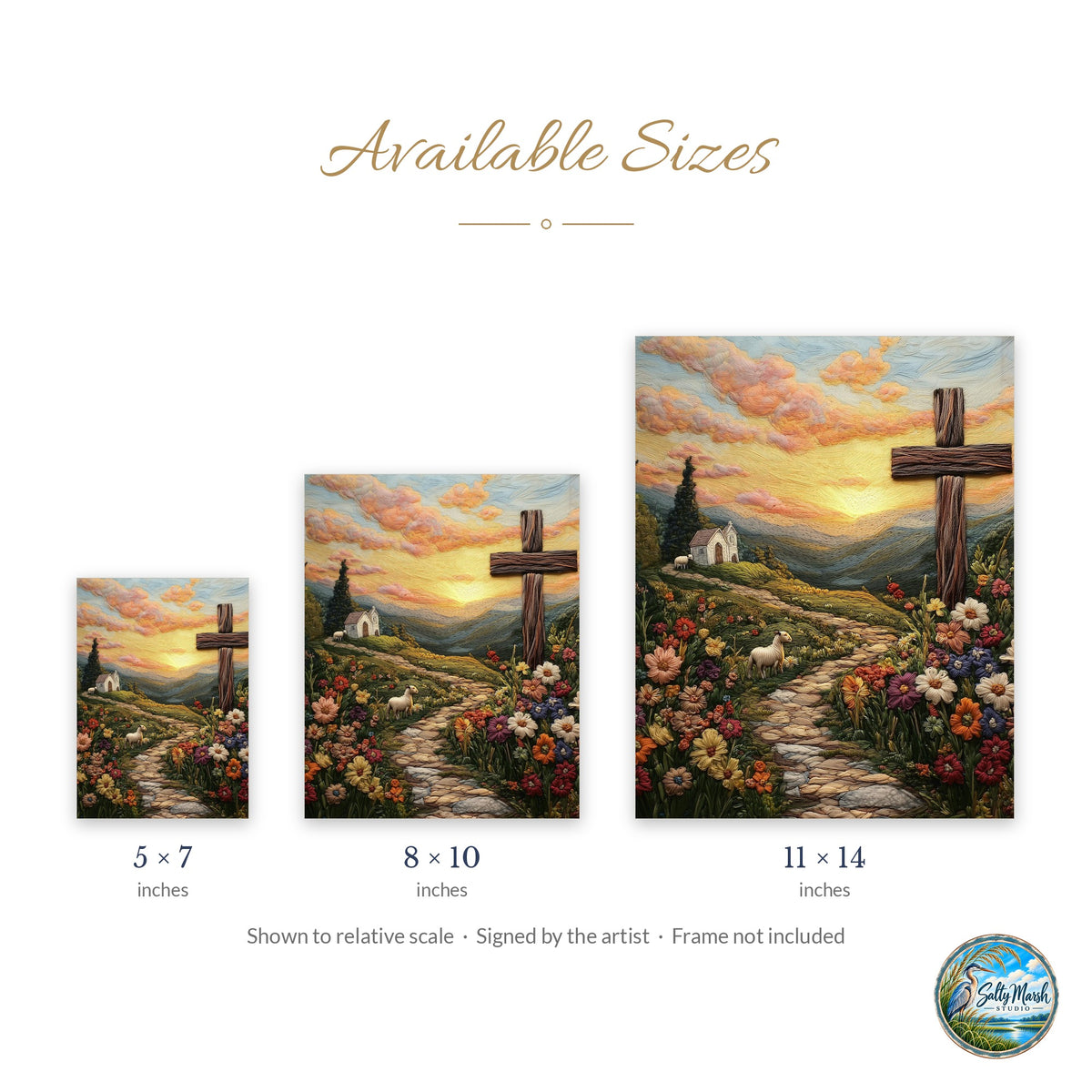 Embroidered Hill Cross art print size guide: 5x7, 8x10 and 11x14