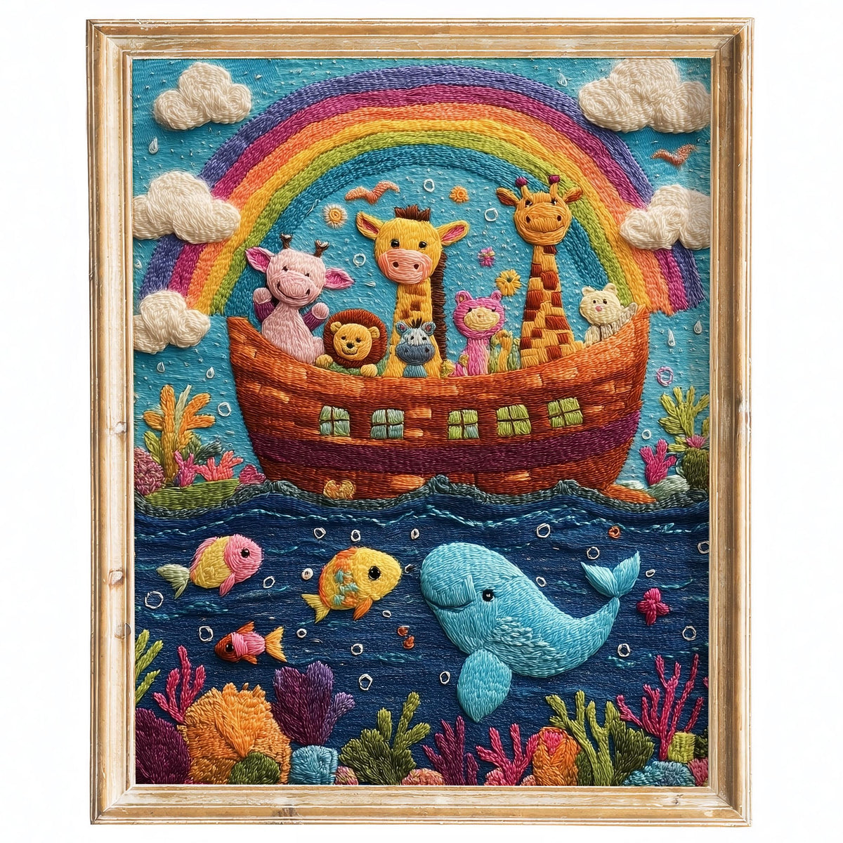 Embroidered Rainbow Ark faith art print framed