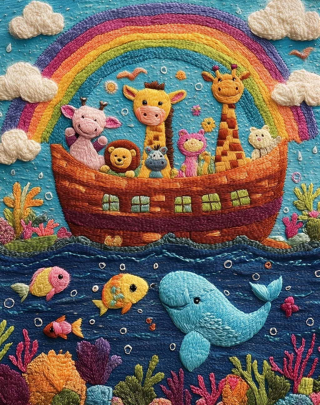 Embroidered Rainbow Ark faith art print unframed, signed by Pattie Overcash