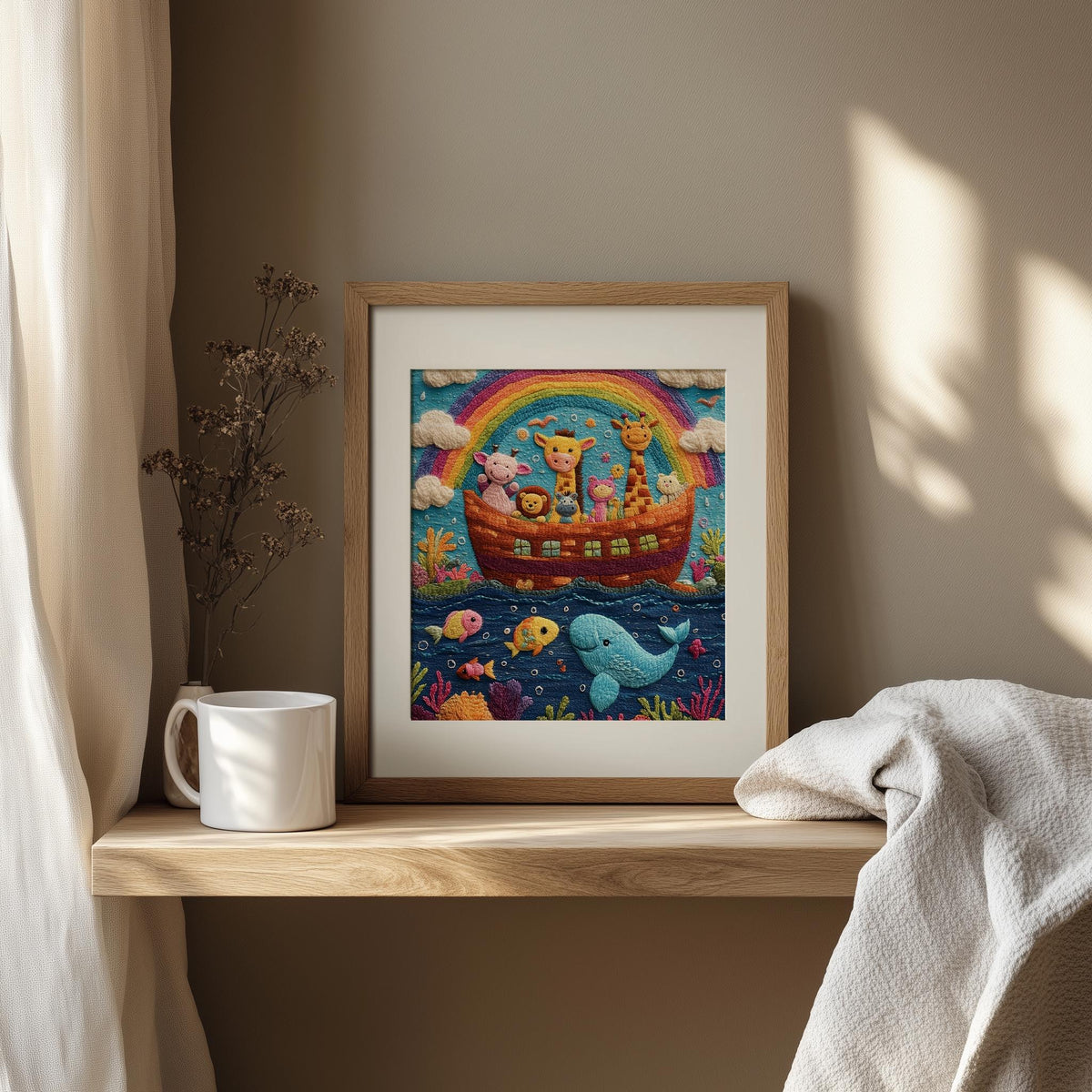 Embroidered Rainbow Ark faith art print shown in a room setting