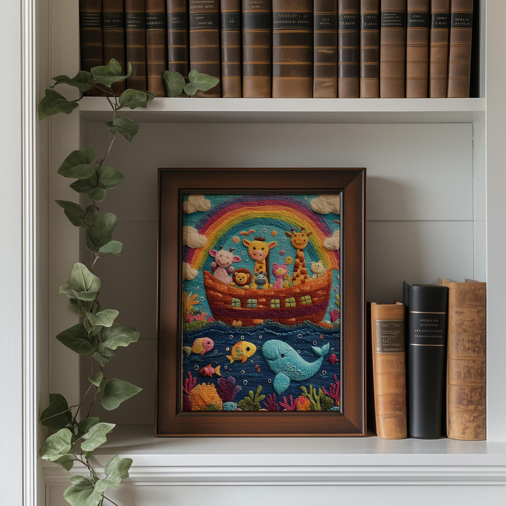 Embroidered Rainbow Ark faith art print shown in a room setting