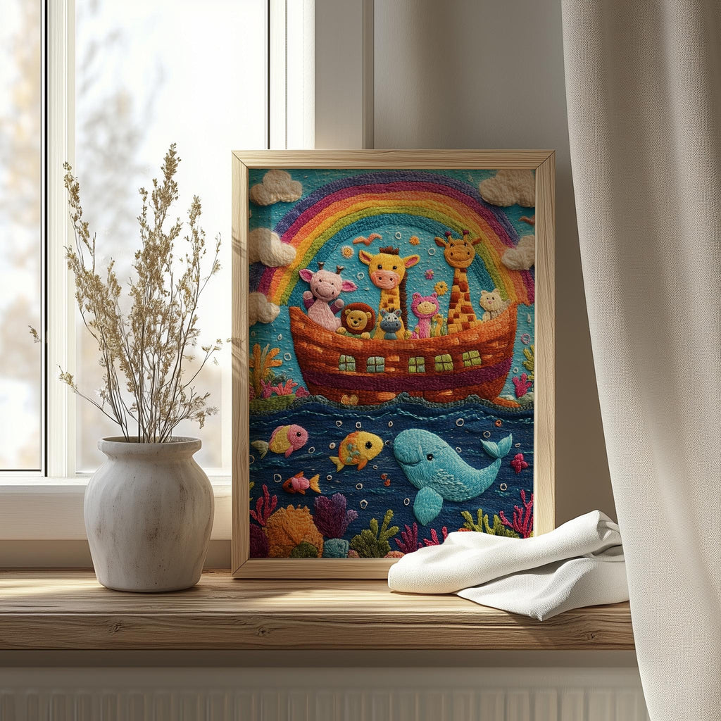 Embroidered Rainbow Ark faith art print shown in a room setting