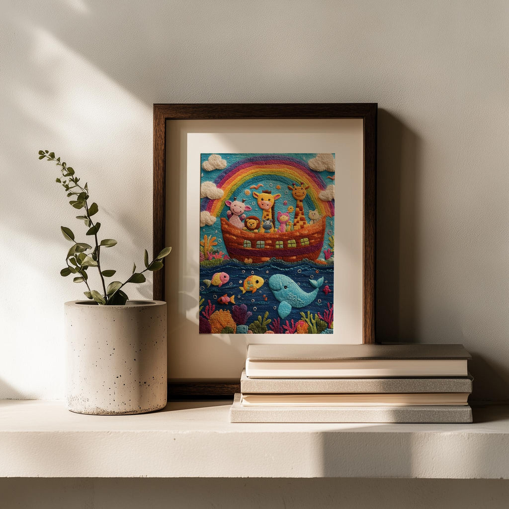 Embroidered Rainbow Ark faith art print shown in a room setting
