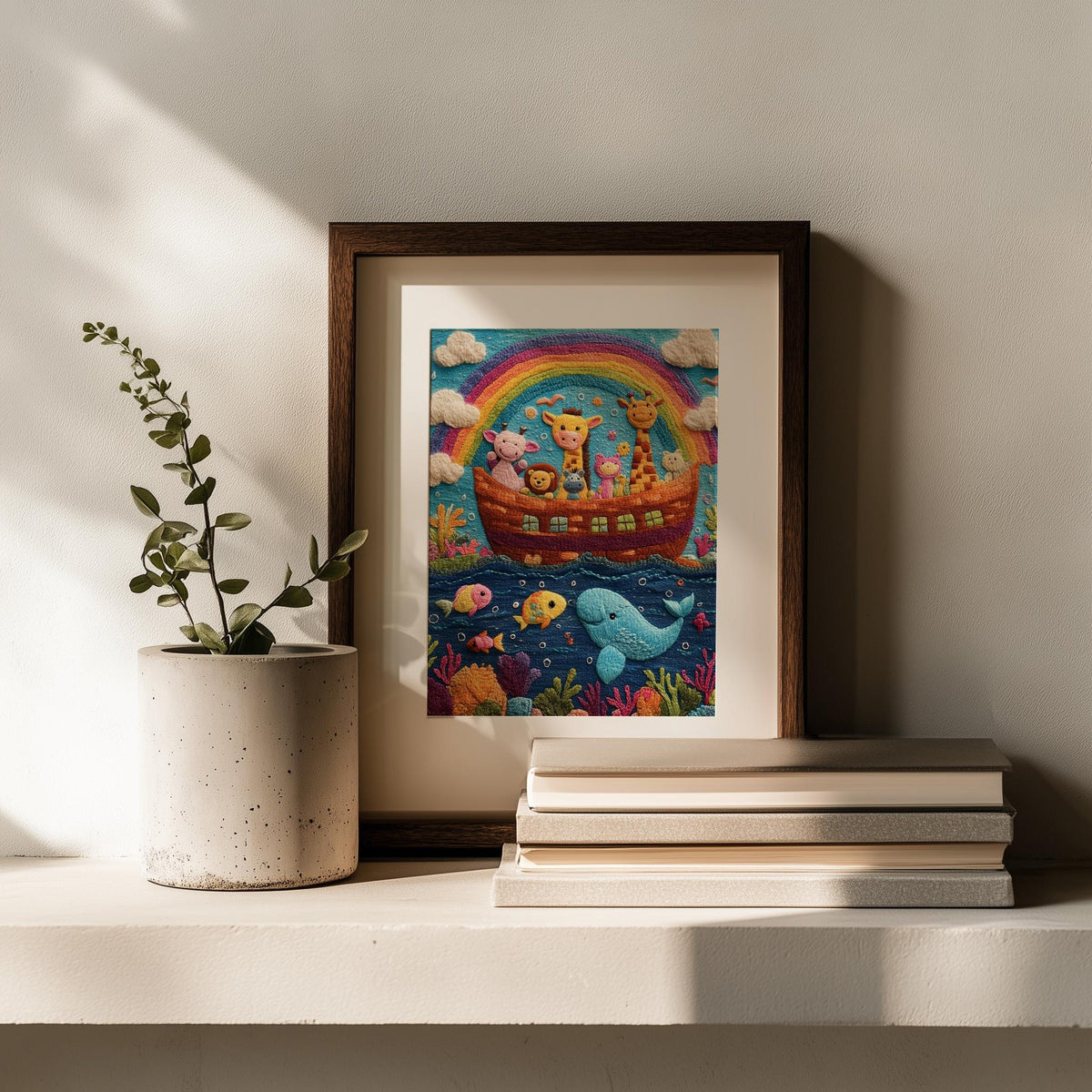 Embroidered Rainbow Ark faith art print shown in a room setting