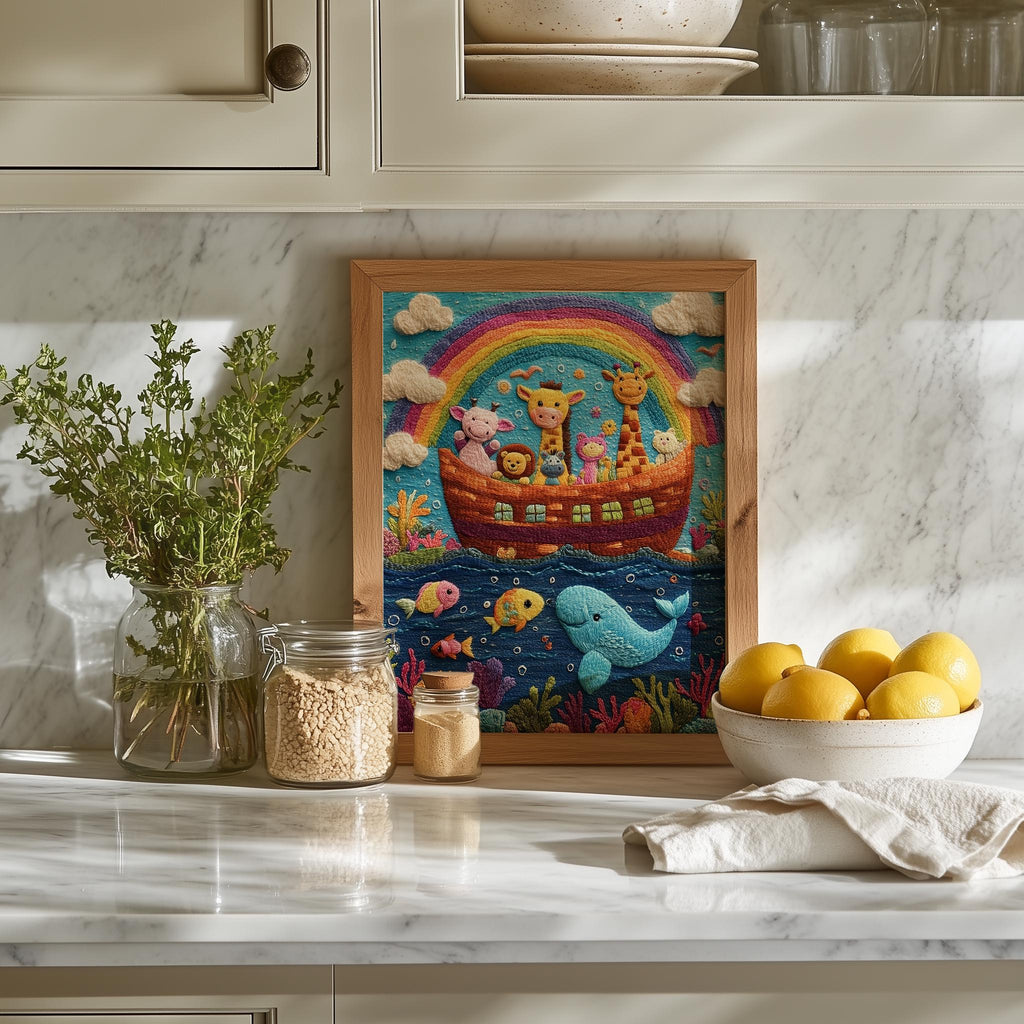 Embroidered Rainbow Ark faith art print shown in a room setting