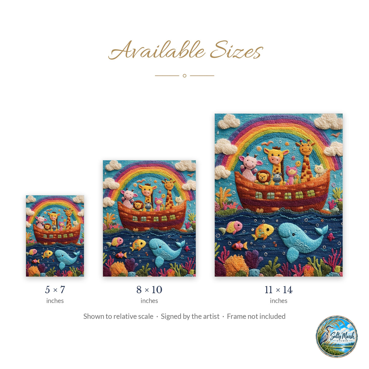 Embroidered Rainbow Ark art print size guide: 5x7, 8x10 and 11x14