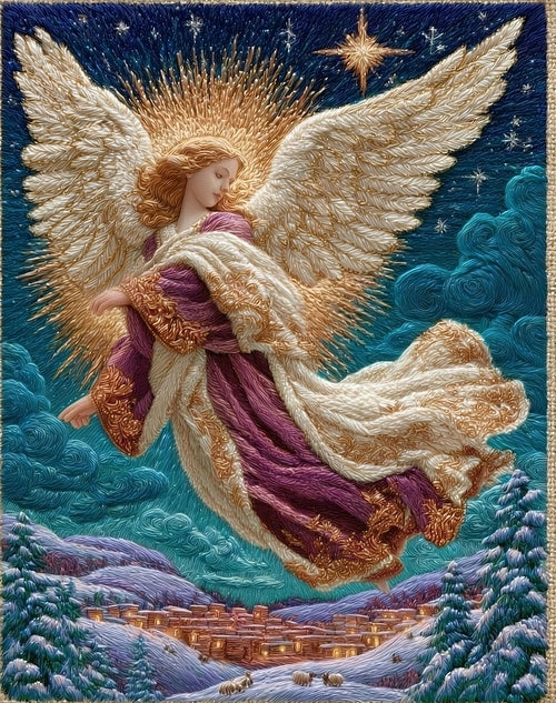 Village Angel Christmas art print unframed, signed by Pattie Overcash
