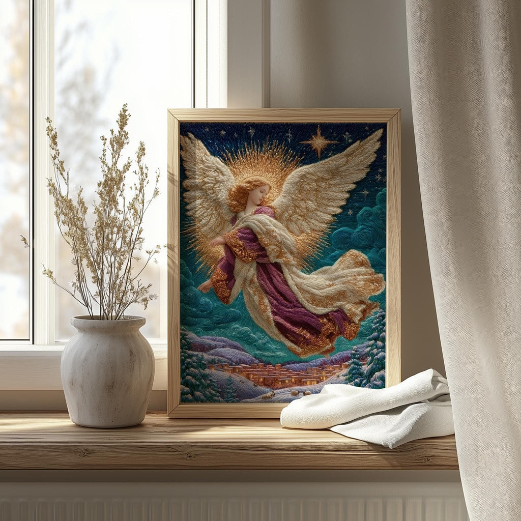 Village Angel Christmas art print shown in a room setting