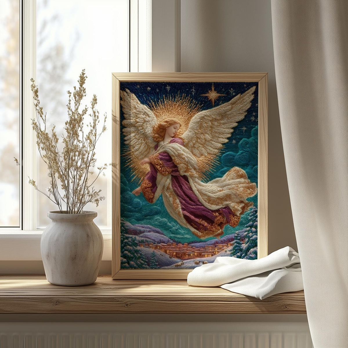 Village Angel Christmas art print shown in a room setting