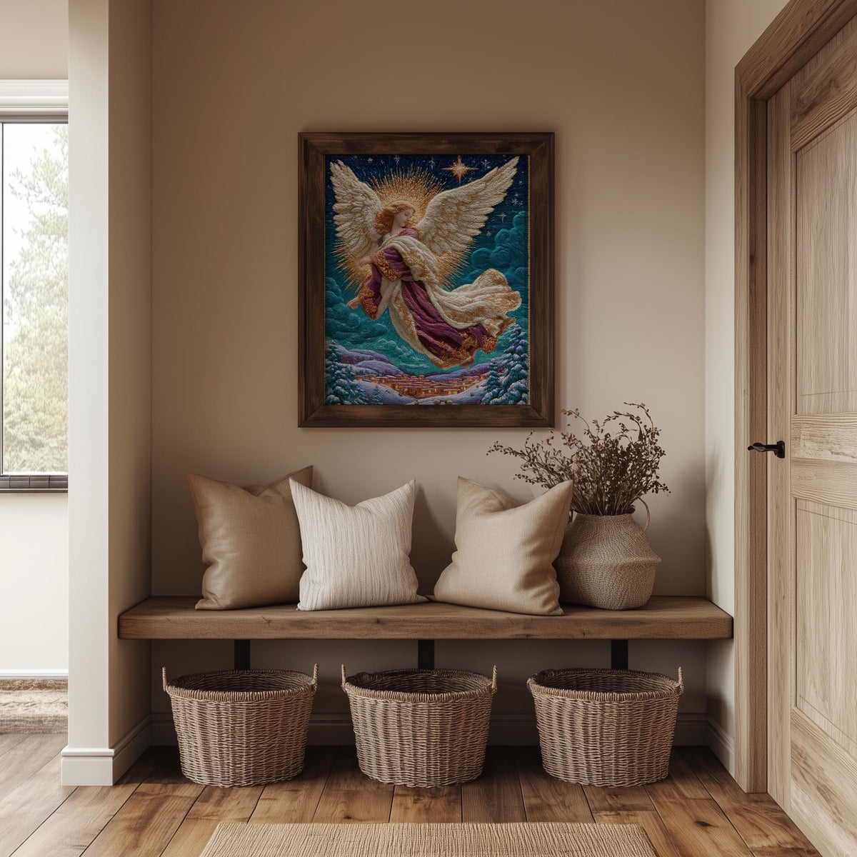 Village Angel Christmas art print shown in a room setting
