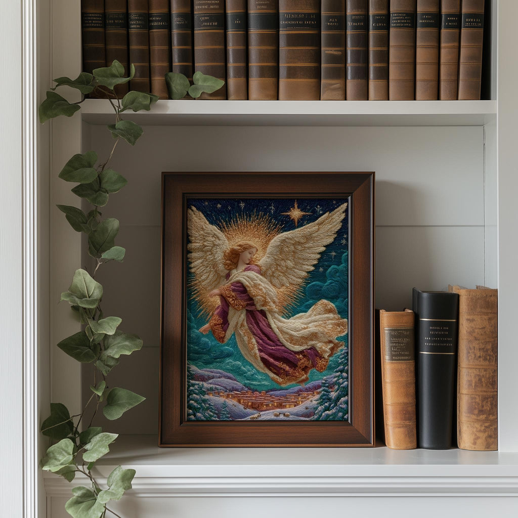 Village Angel Christmas art print shown in a room setting