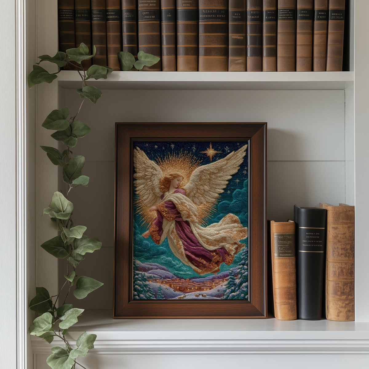 Village Angel Christmas art print shown in a room setting
