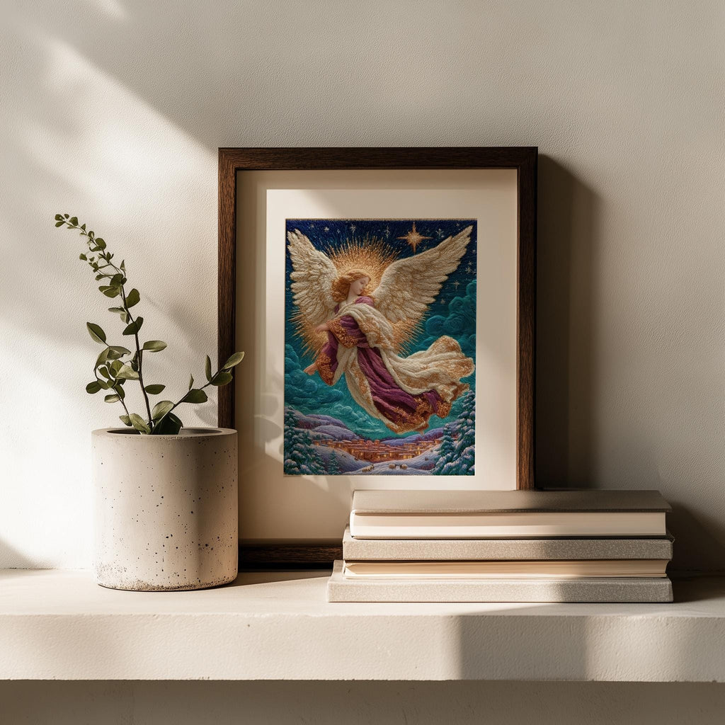 Village Angel Christmas art print shown in a room setting