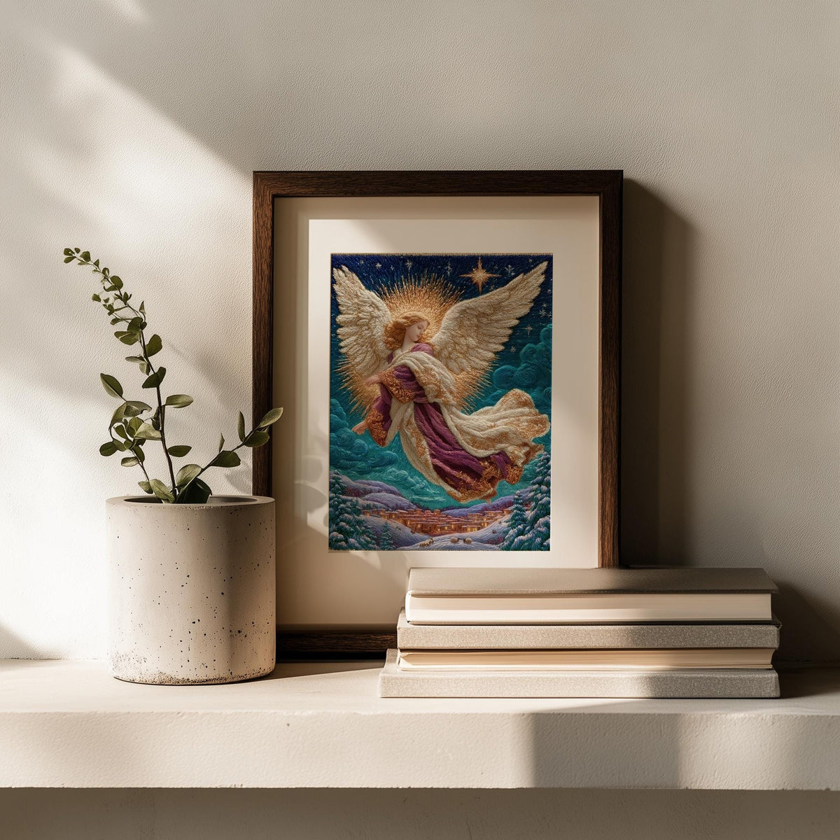 Village Angel Christmas art print shown in a room setting
