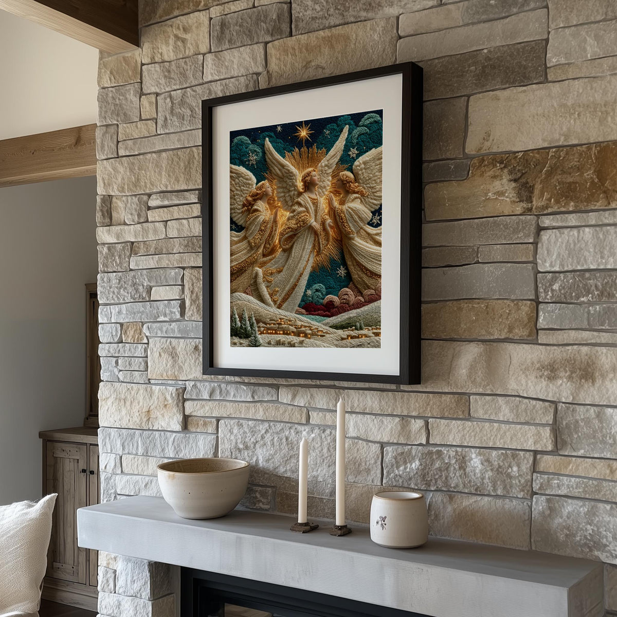 Three Angels Christmas art print shown in a room setting