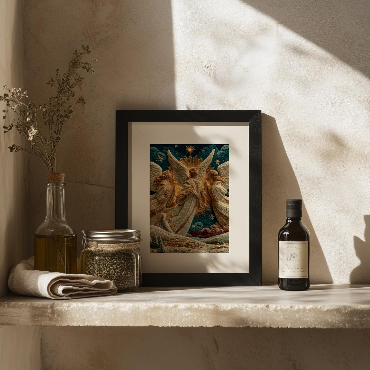 Three Angels Christmas art print shown in a room setting