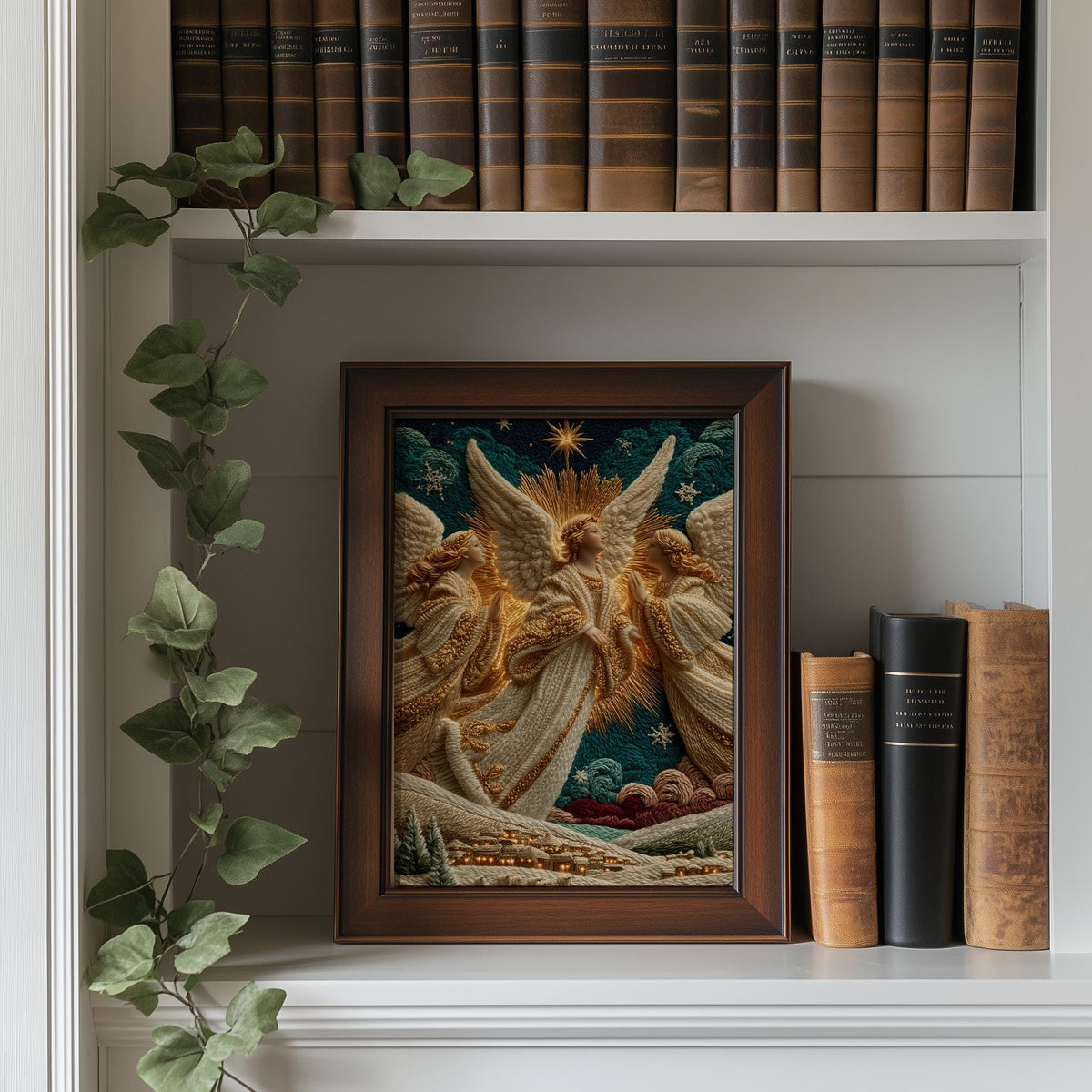 Three Angels Christmas art print shown in a room setting