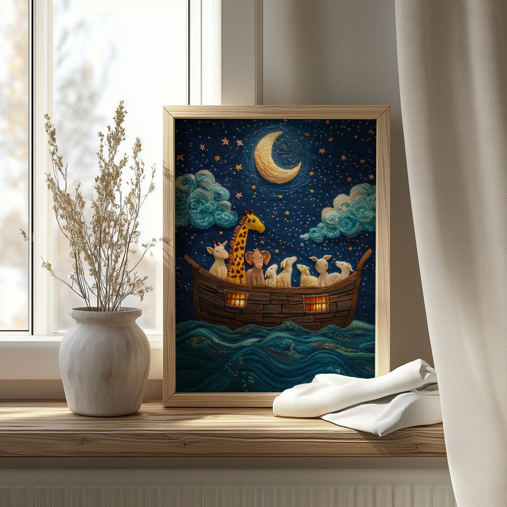 Embroidered Ark faith art print shown in a room setting