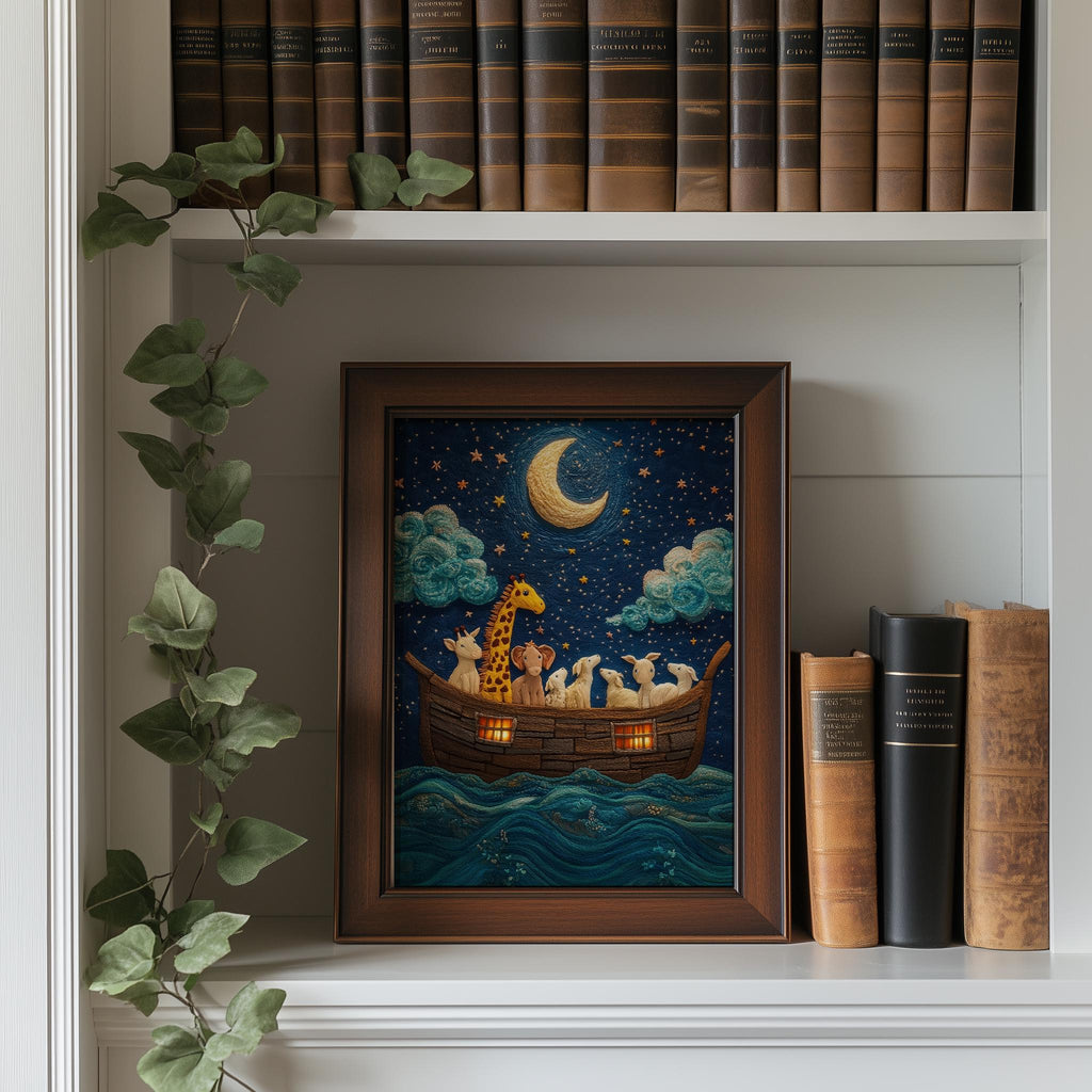 Embroidered Ark faith art print shown in a room setting