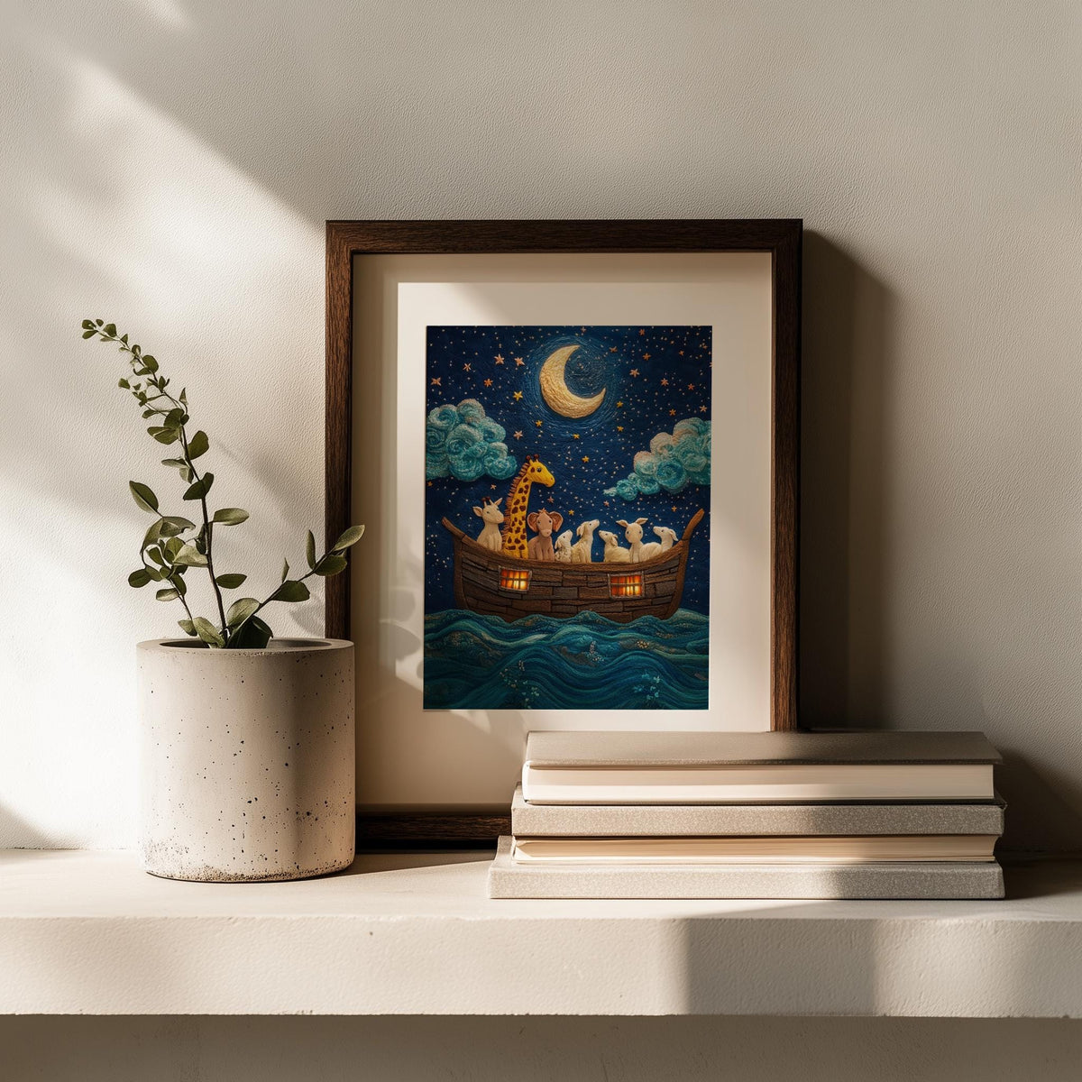 Embroidered Ark faith art print shown in a room setting