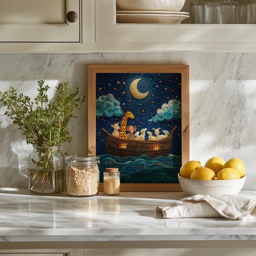 Embroidered Ark faith art print shown in a room setting