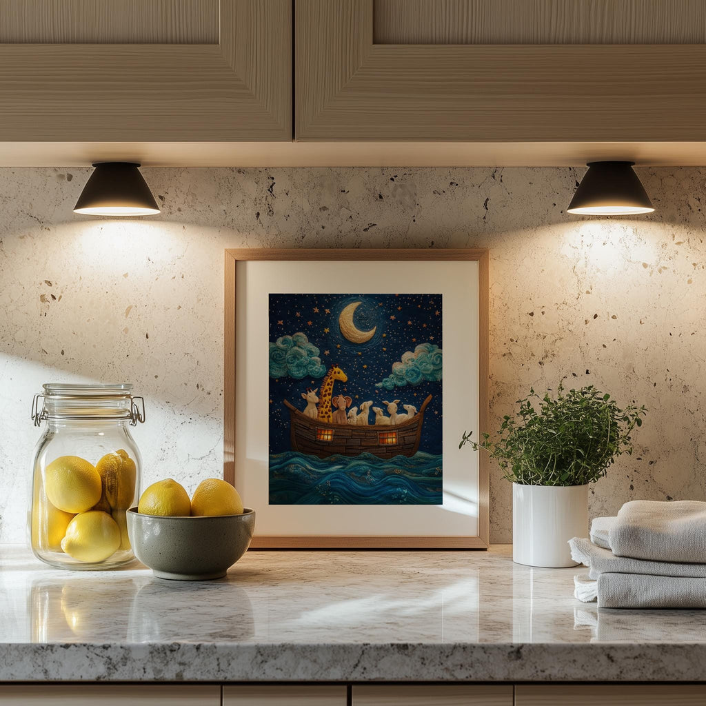 Embroidered Ark faith art print shown in a room setting
