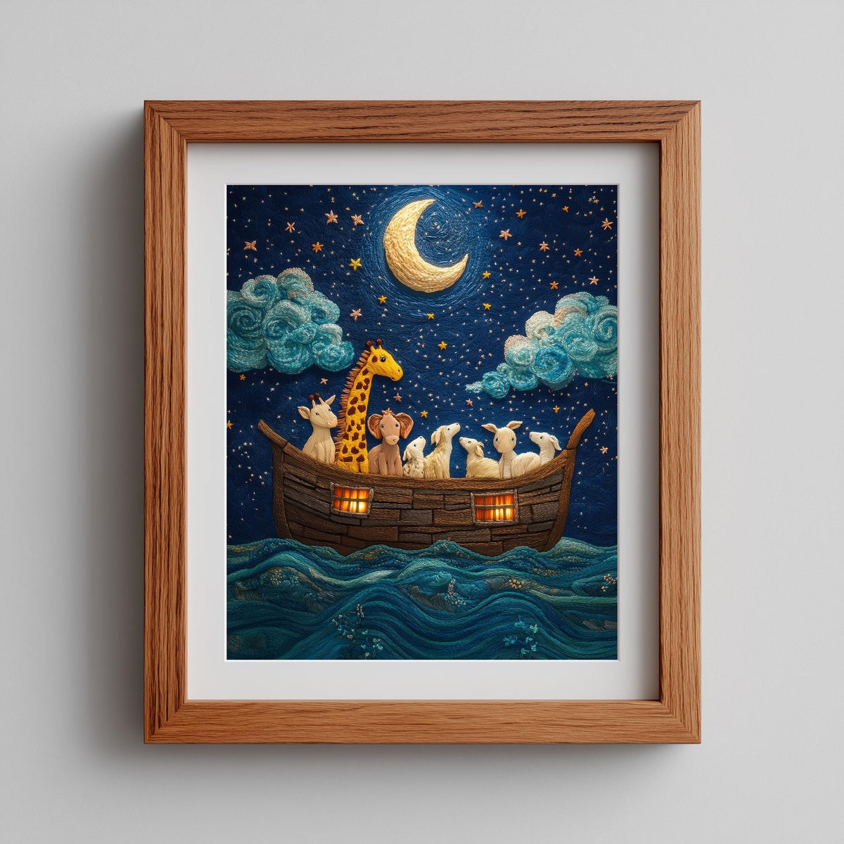 Embroidered Ark faith art print shown in a room setting
