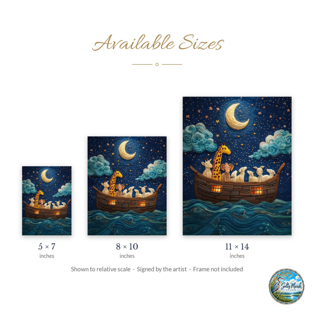 Embroidered Ark art print size guide: 5x7, 8x10 and 11x14