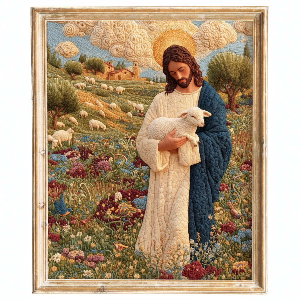 Embroidered Shepherd faith art print framed