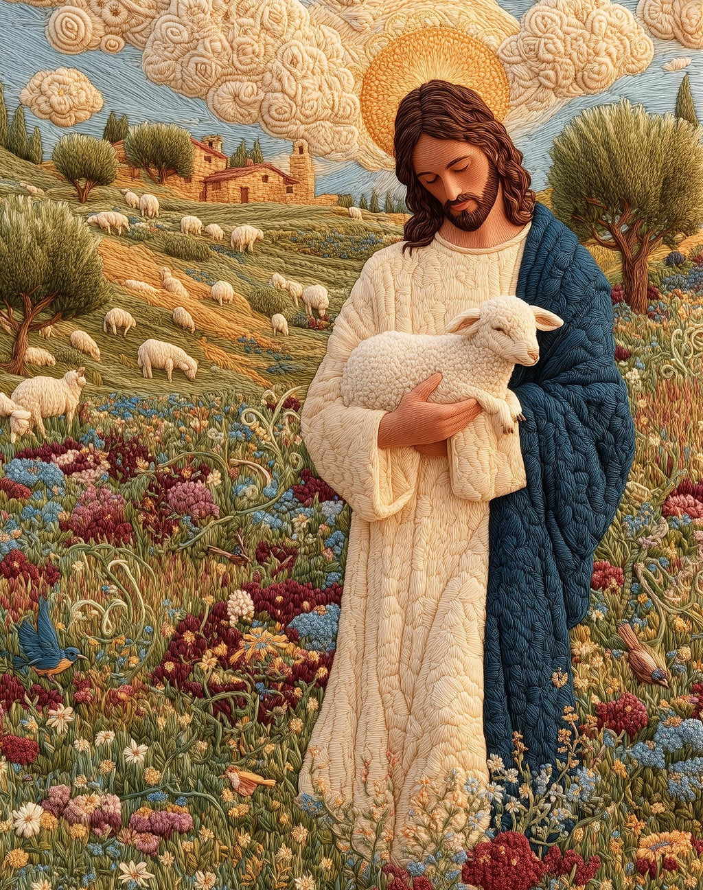Embroidered Shepherd faith art print unframed, signed by Pattie Overcash