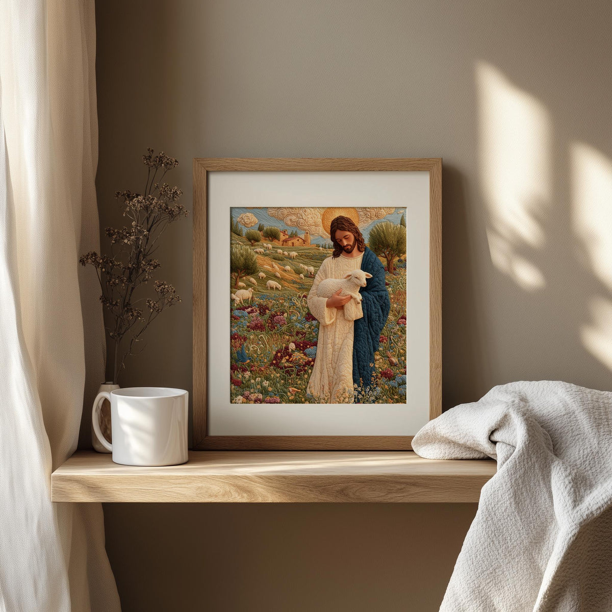 Embroidered Shepherd faith art print shown in a room setting