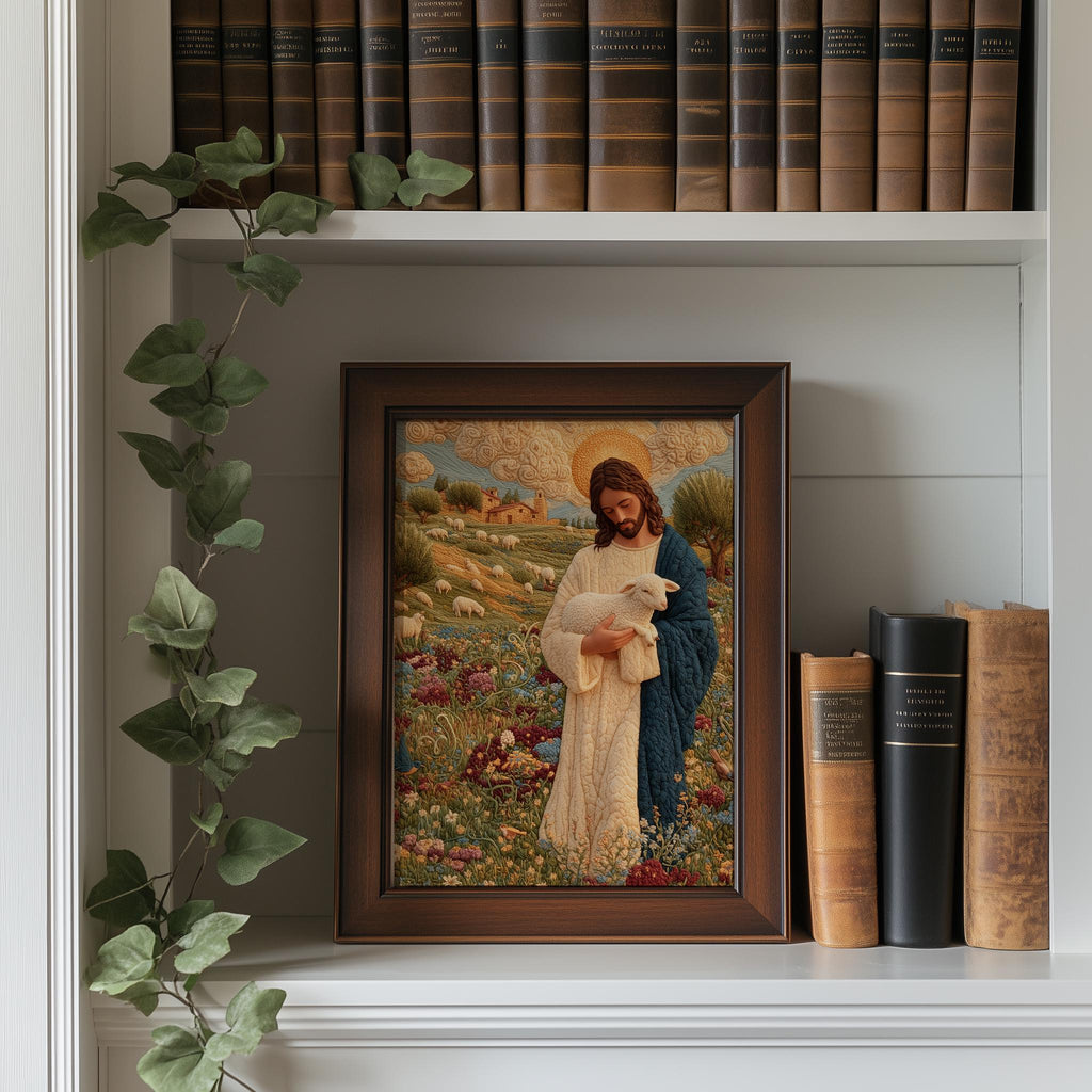 Embroidered Shepherd faith art print shown in a room setting