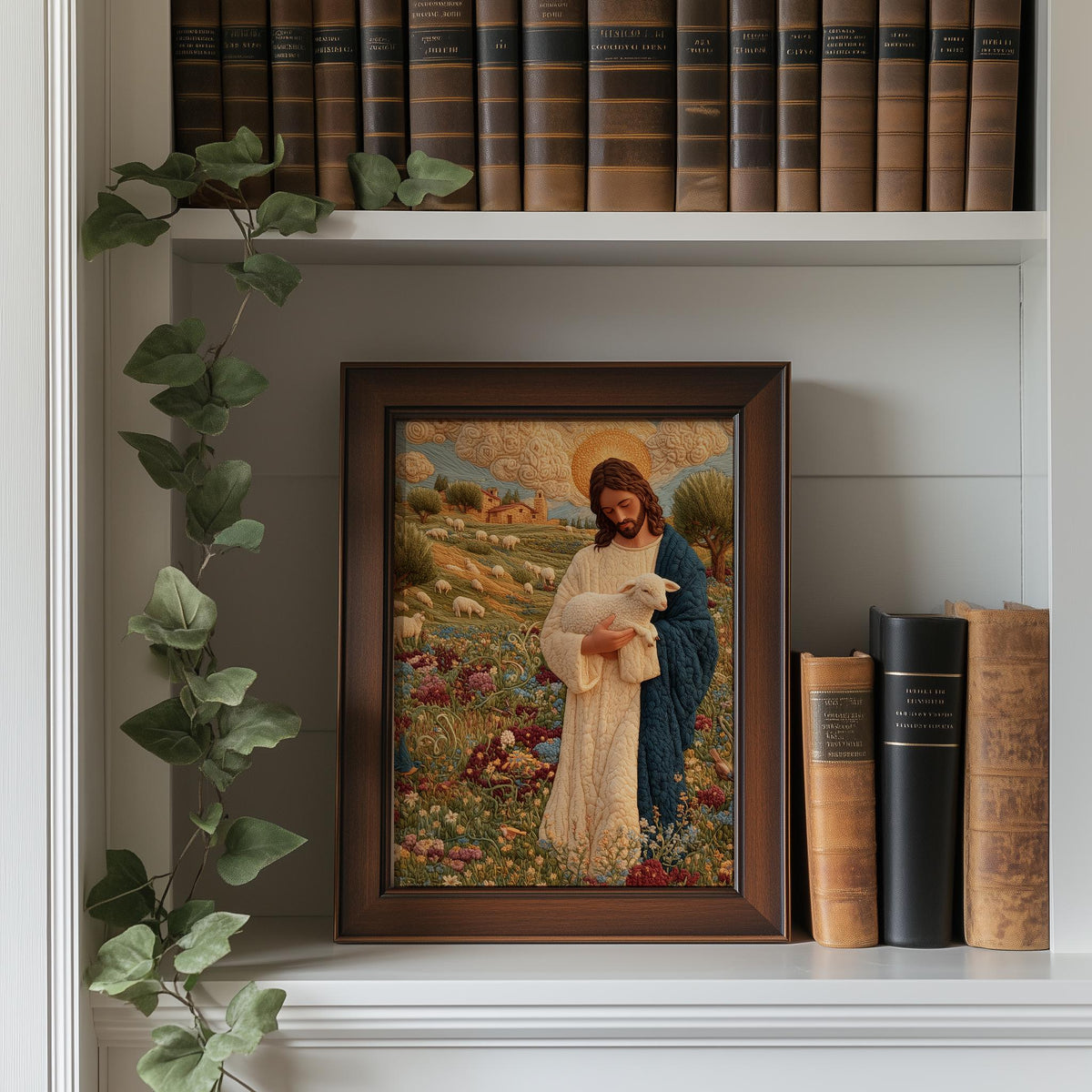 Embroidered Shepherd faith art print shown in a room setting