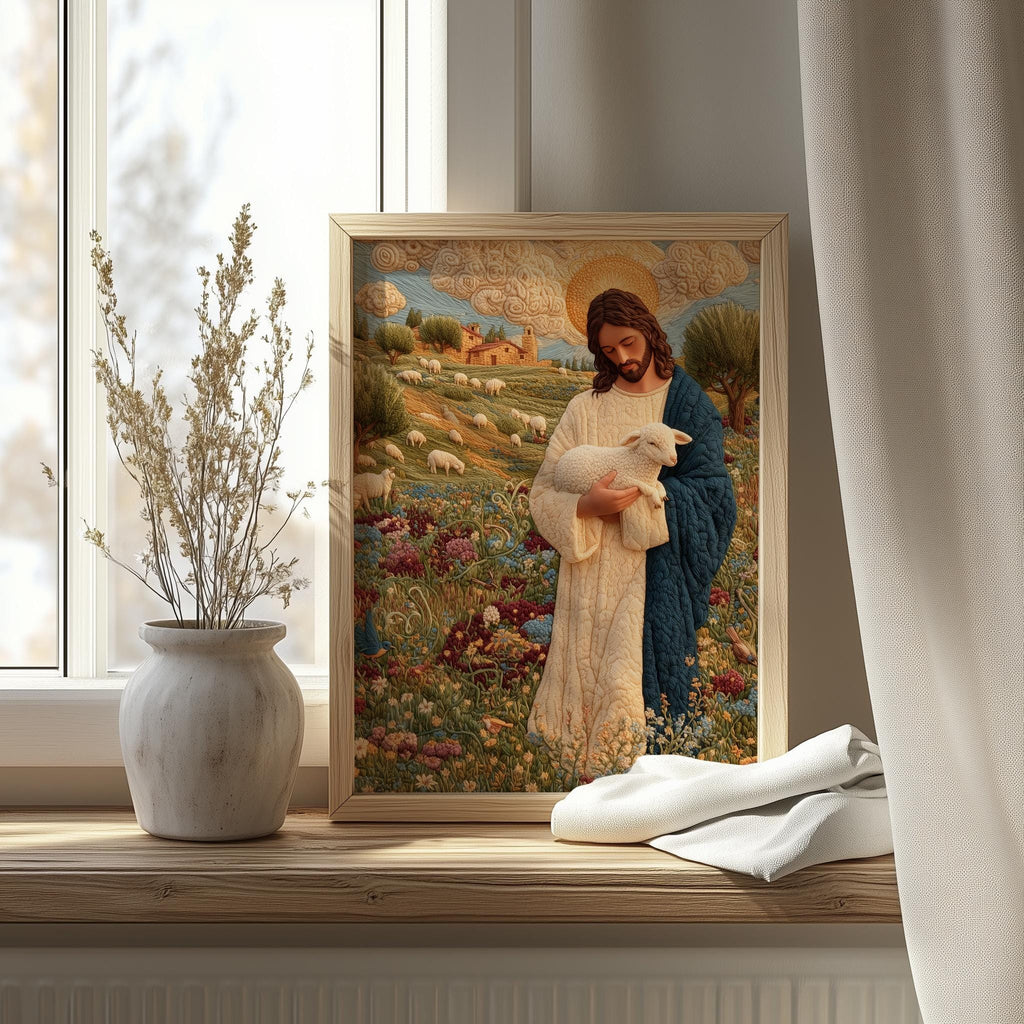 Embroidered Shepherd faith art print shown in a room setting