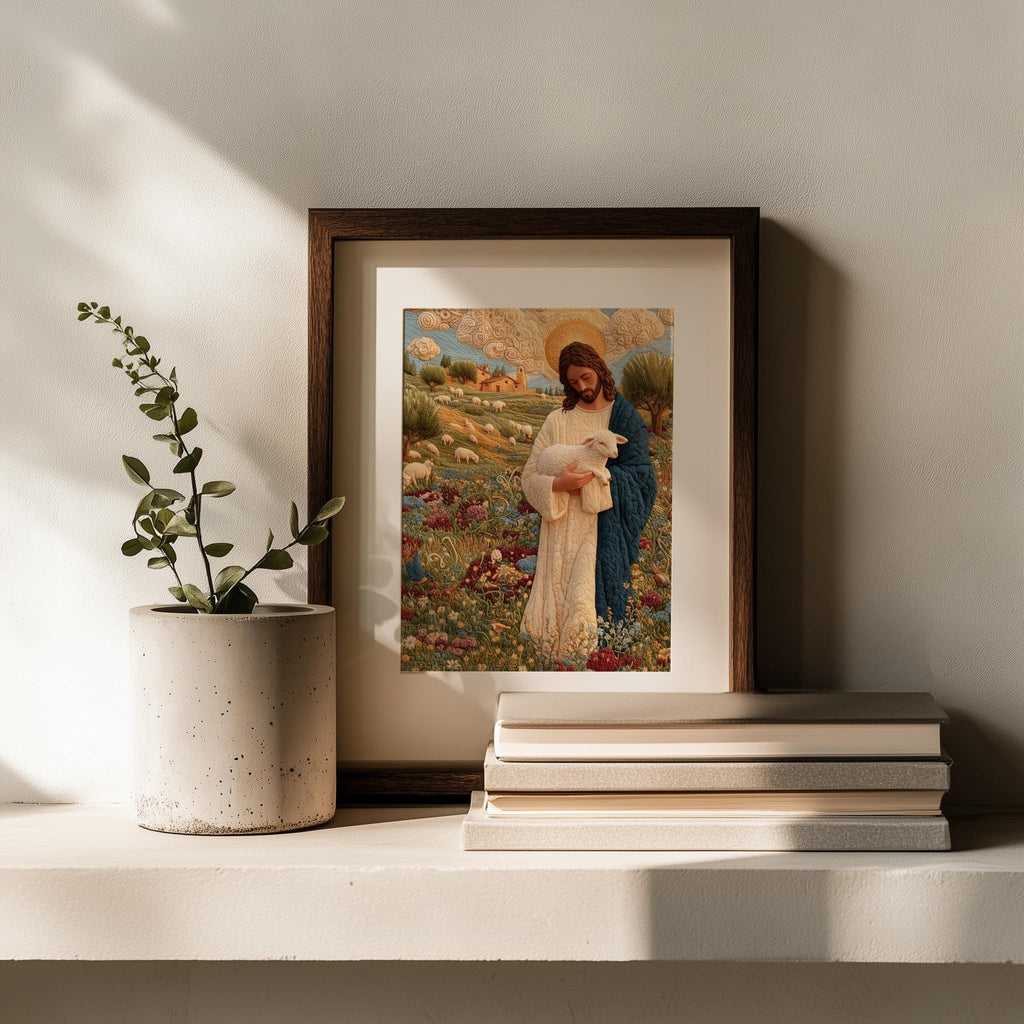 Embroidered Shepherd faith art print shown in a room setting