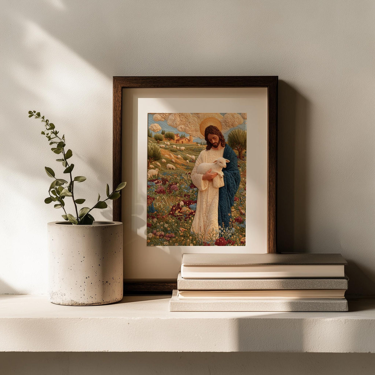 Embroidered Shepherd faith art print shown in a room setting