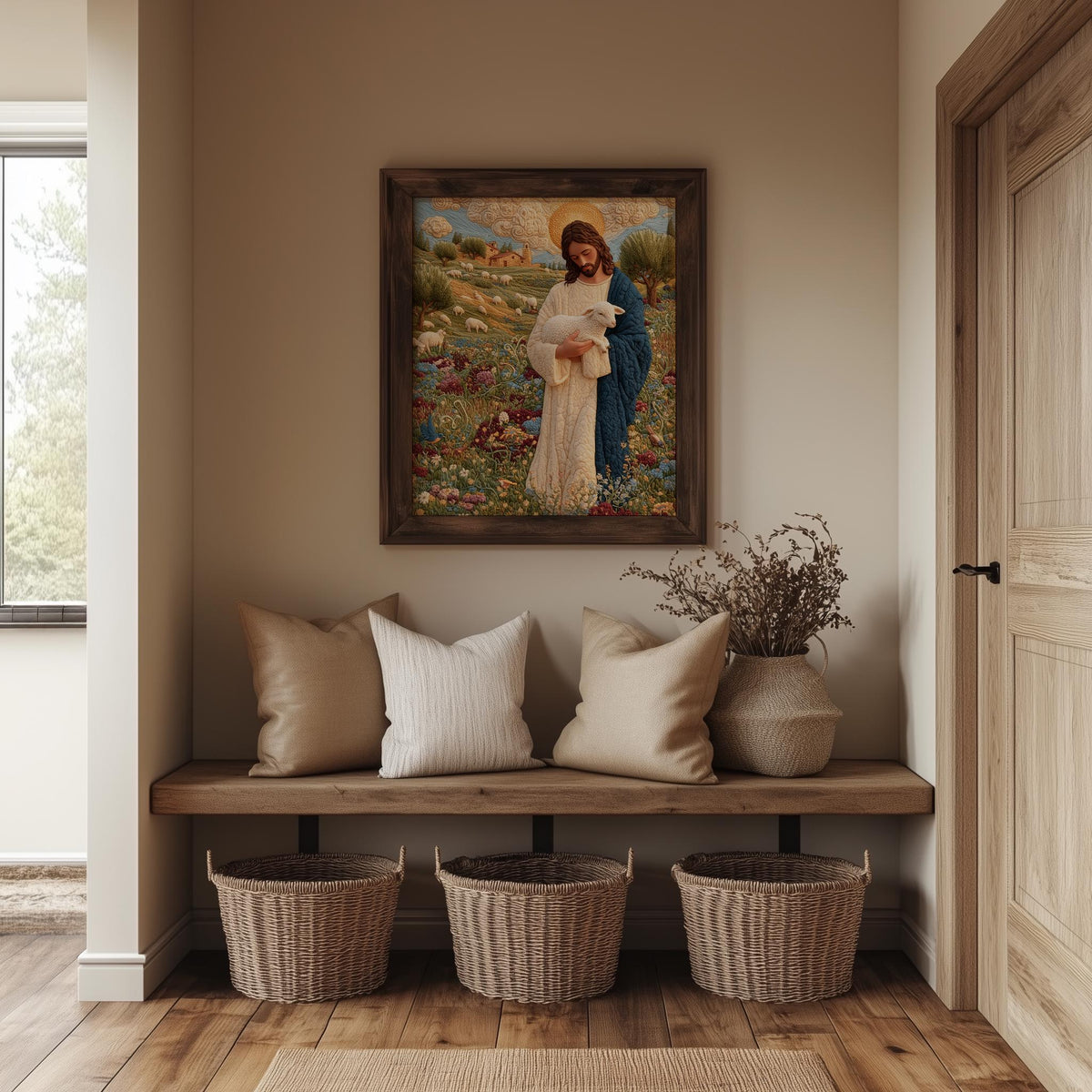Embroidered Shepherd faith art print shown in a room setting