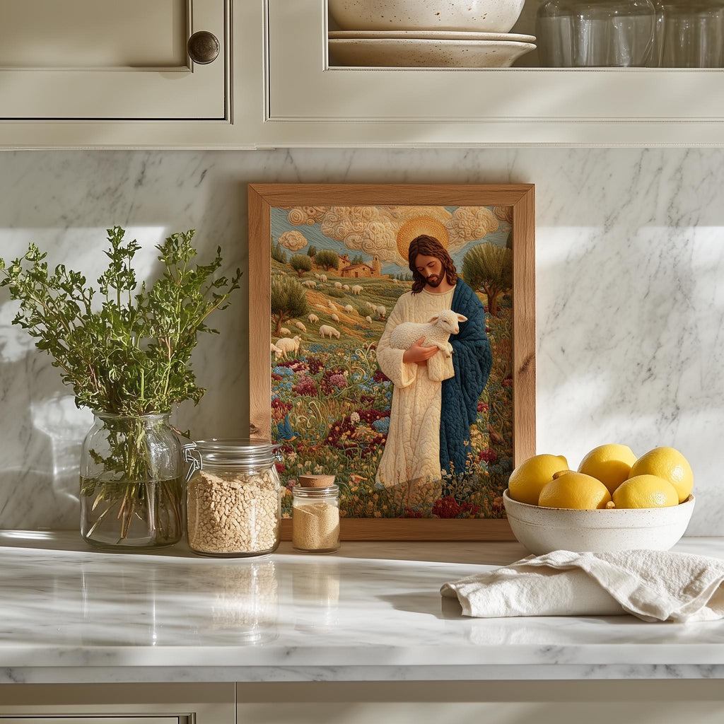 Embroidered Shepherd faith art print shown in a room setting