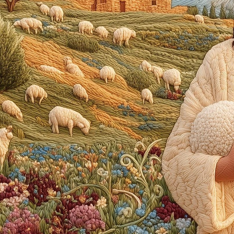 Embroidered Shepherd faith art print close-up detail