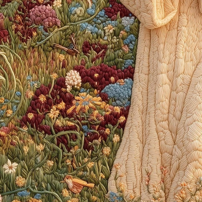 Embroidered Shepherd faith art print close-up detail