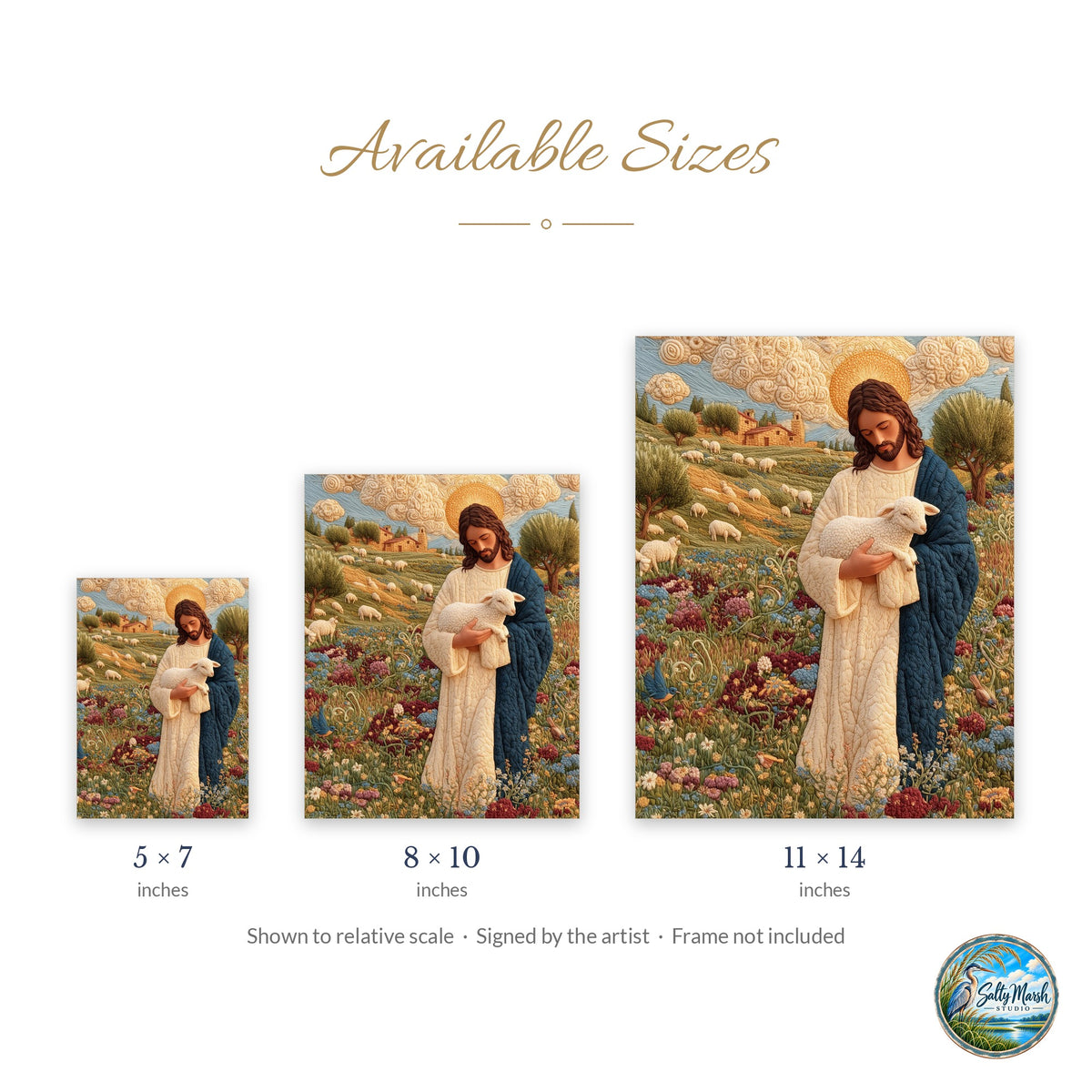 Embroidered Shepherd art print size guide: 5x7, 8x10 and 11x14