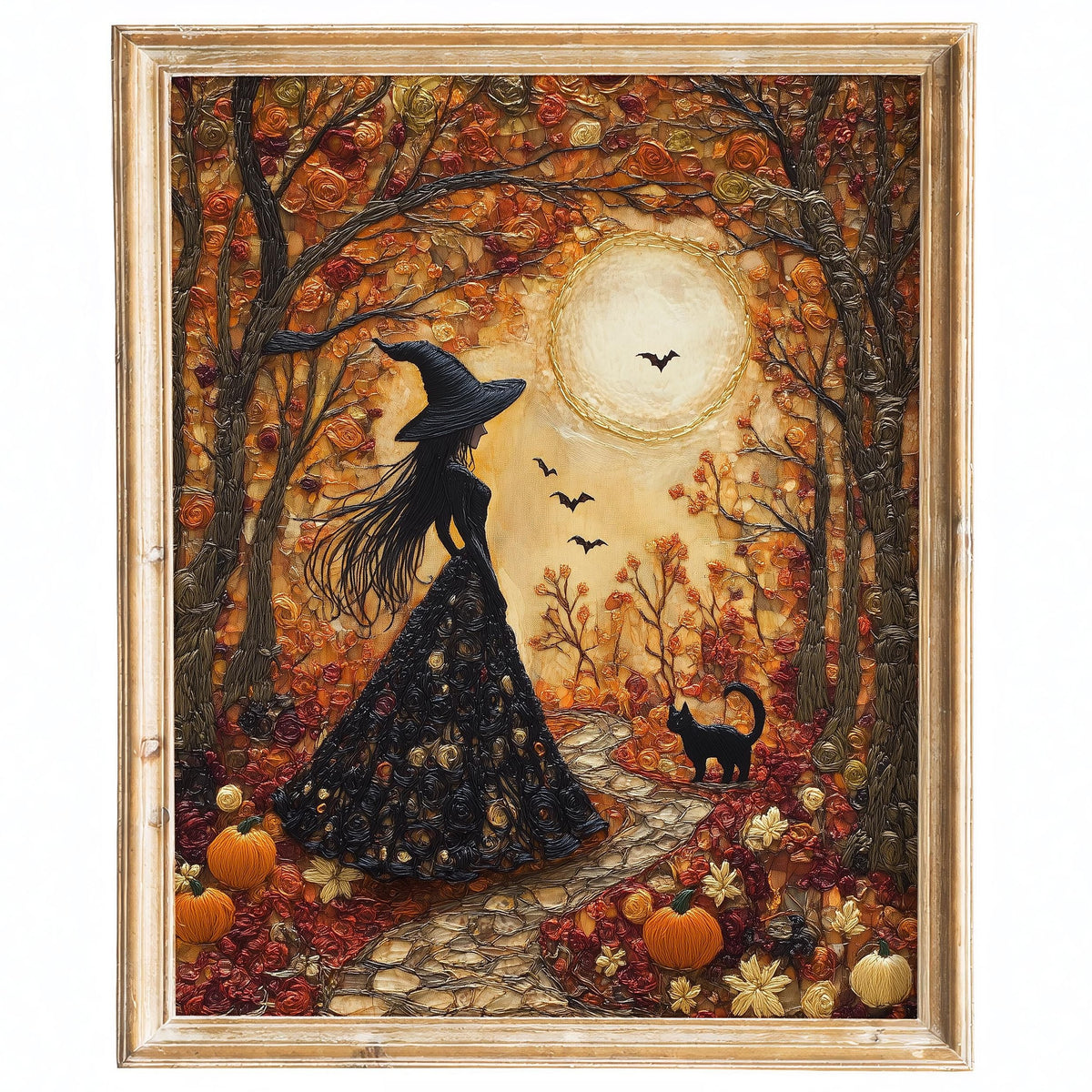 Embroidered Forest Witch Halloween art print framed