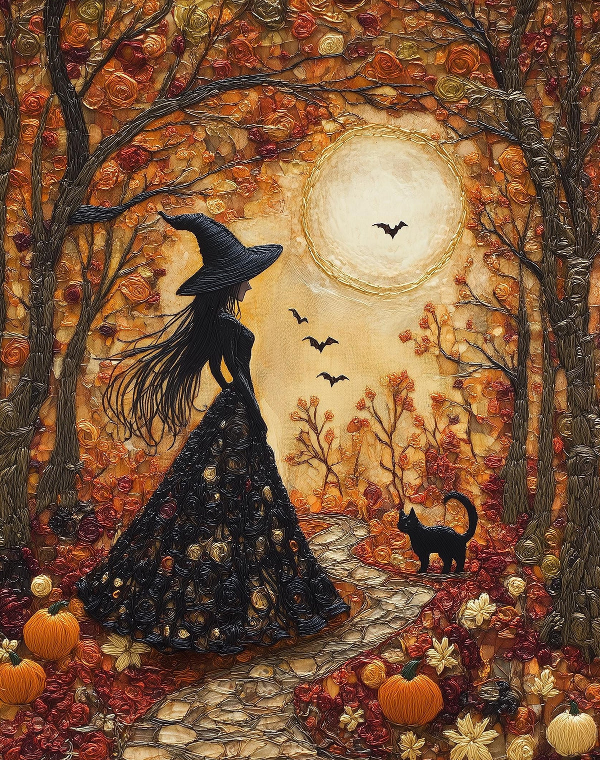 Embroidered Forest Witch Halloween art print unframed, signed by Pattie Overcash