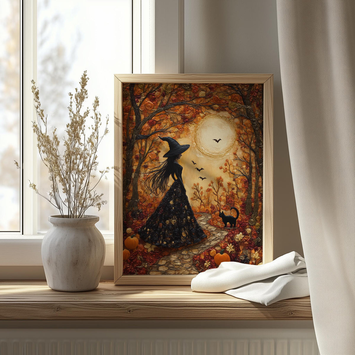 Embroidered Forest Witch Halloween art print shown in a room setting